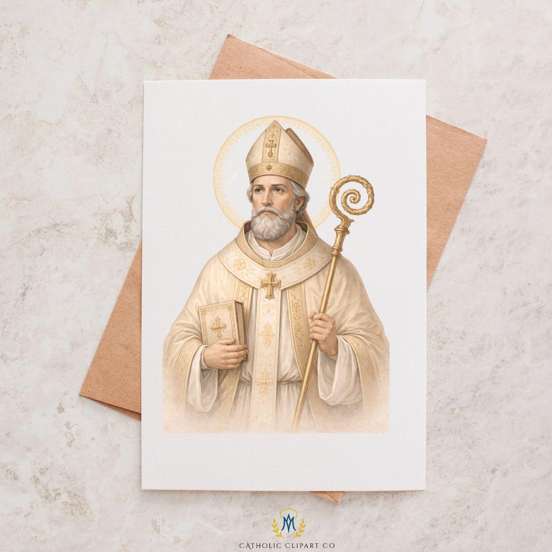 Saint Valentine Catholic wedding clipart with calm, dignified expression and gold halo / Clipart católico de San Valentín para bodas con expresión serena y halo dorado