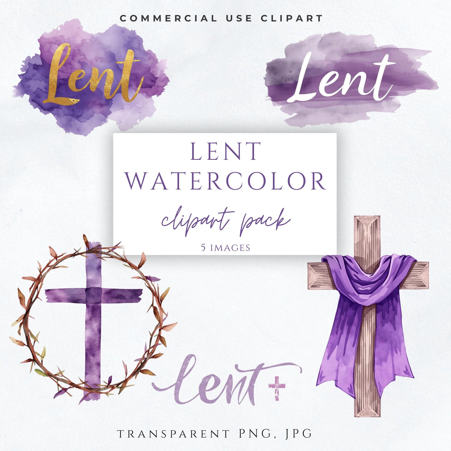 Lent watercolor clipart PNG with purple Christian cross | Clipart de Cuaresma en acuarela con cruz cristiana morada