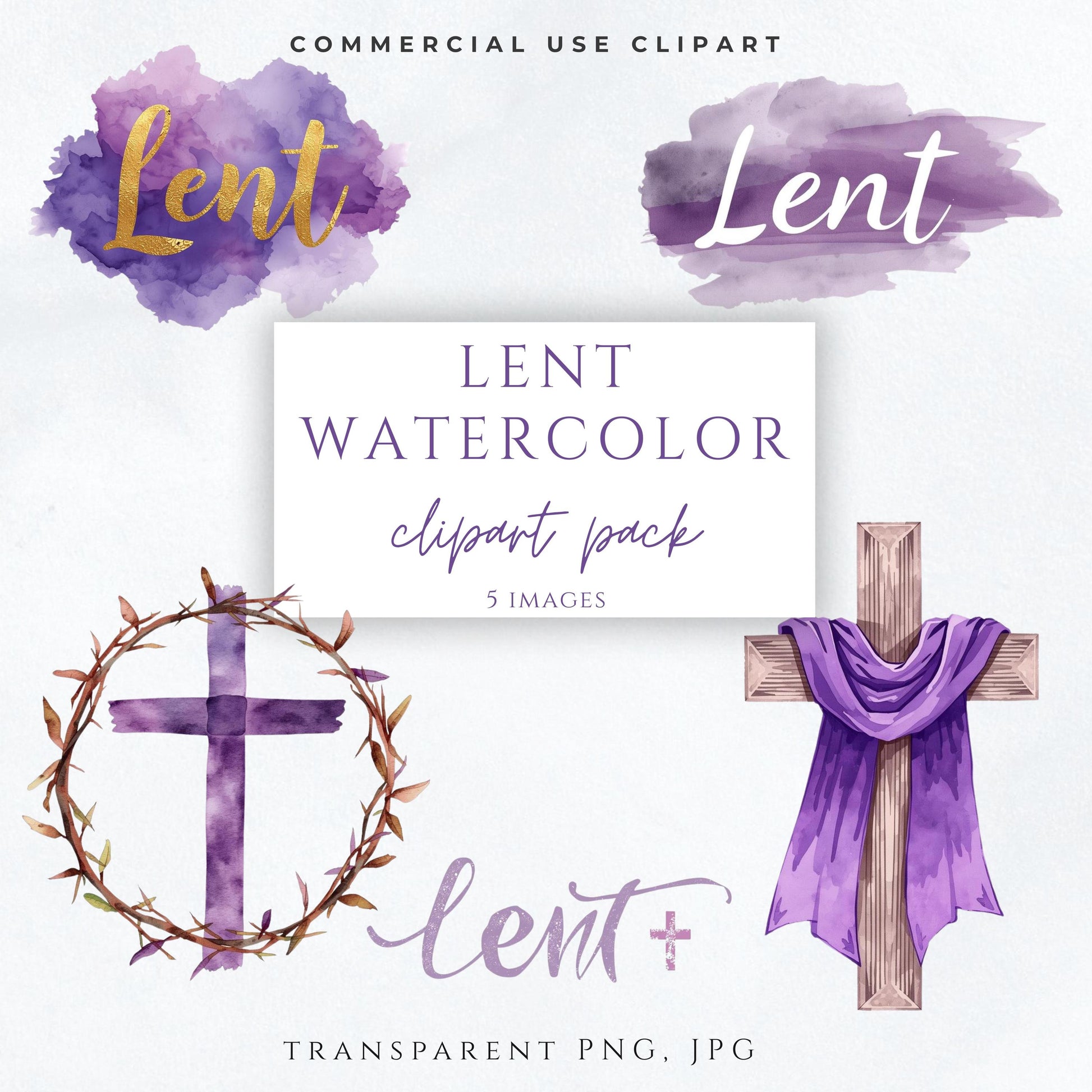 Lent watercolor clipart PNG with purple Christian cross | Clipart de Cuaresma en acuarela con cruz cristiana morada