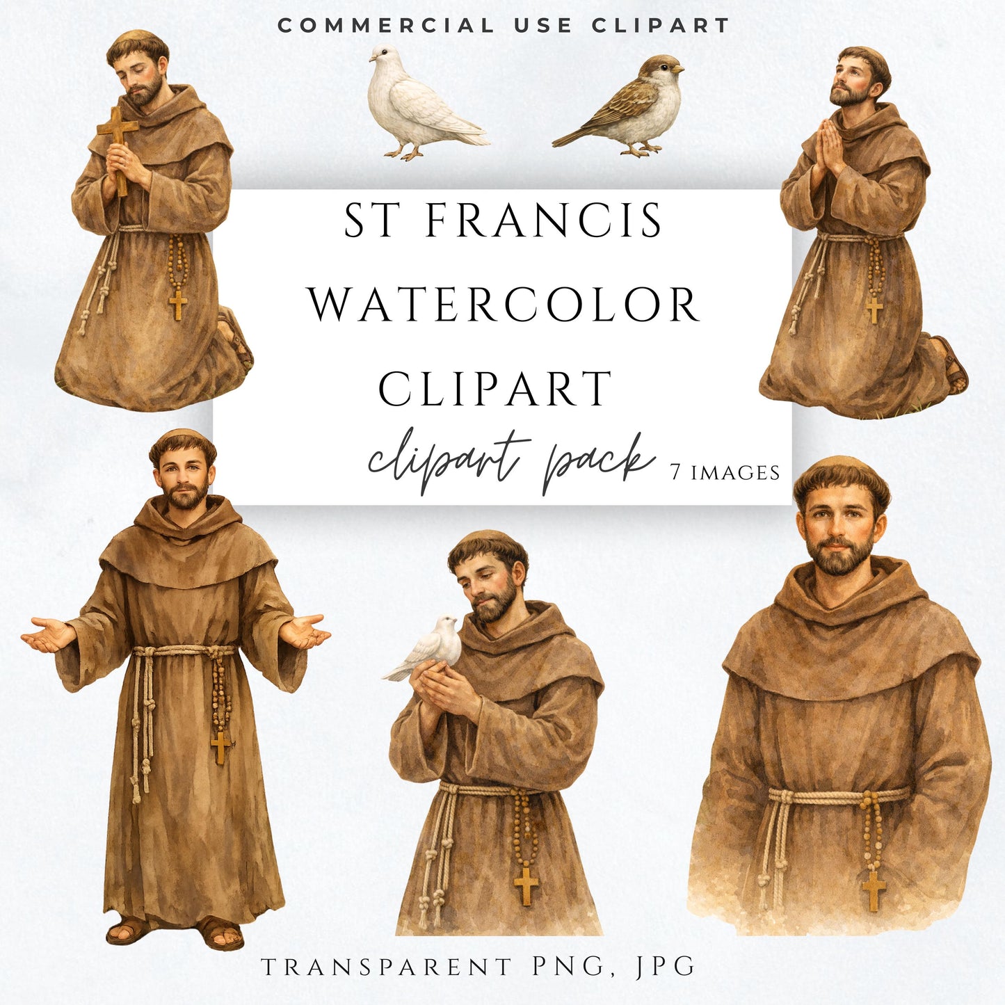 St. Francis of Assisi watercolor clipart with dove, Catholic saint illustration / Clipart acuarela de San Francisco de Asís con paloma, ilustración de santo católico