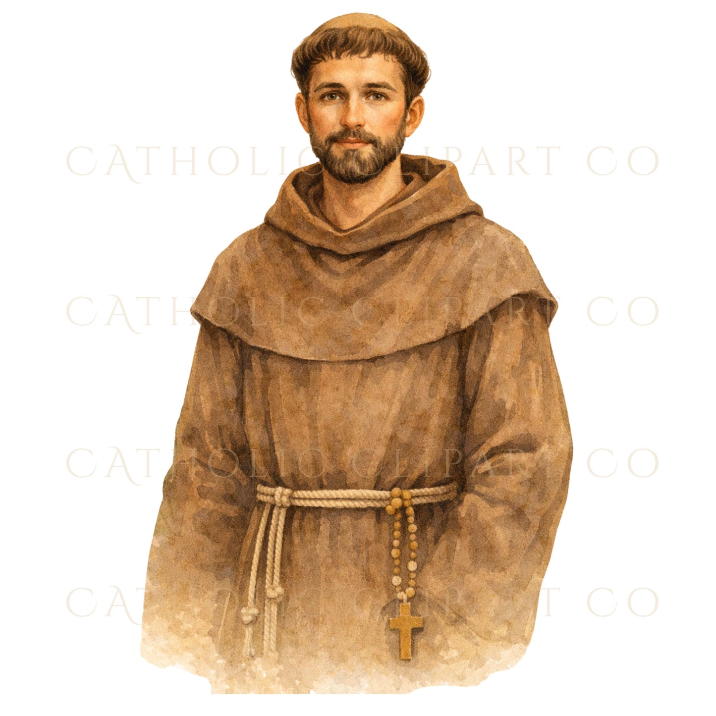 St. Francis kneeling prayer watercolor art, devotional Catholic clipart / Arte en acuarela de San Francisco arrodillado en oración, clipart devocional católico