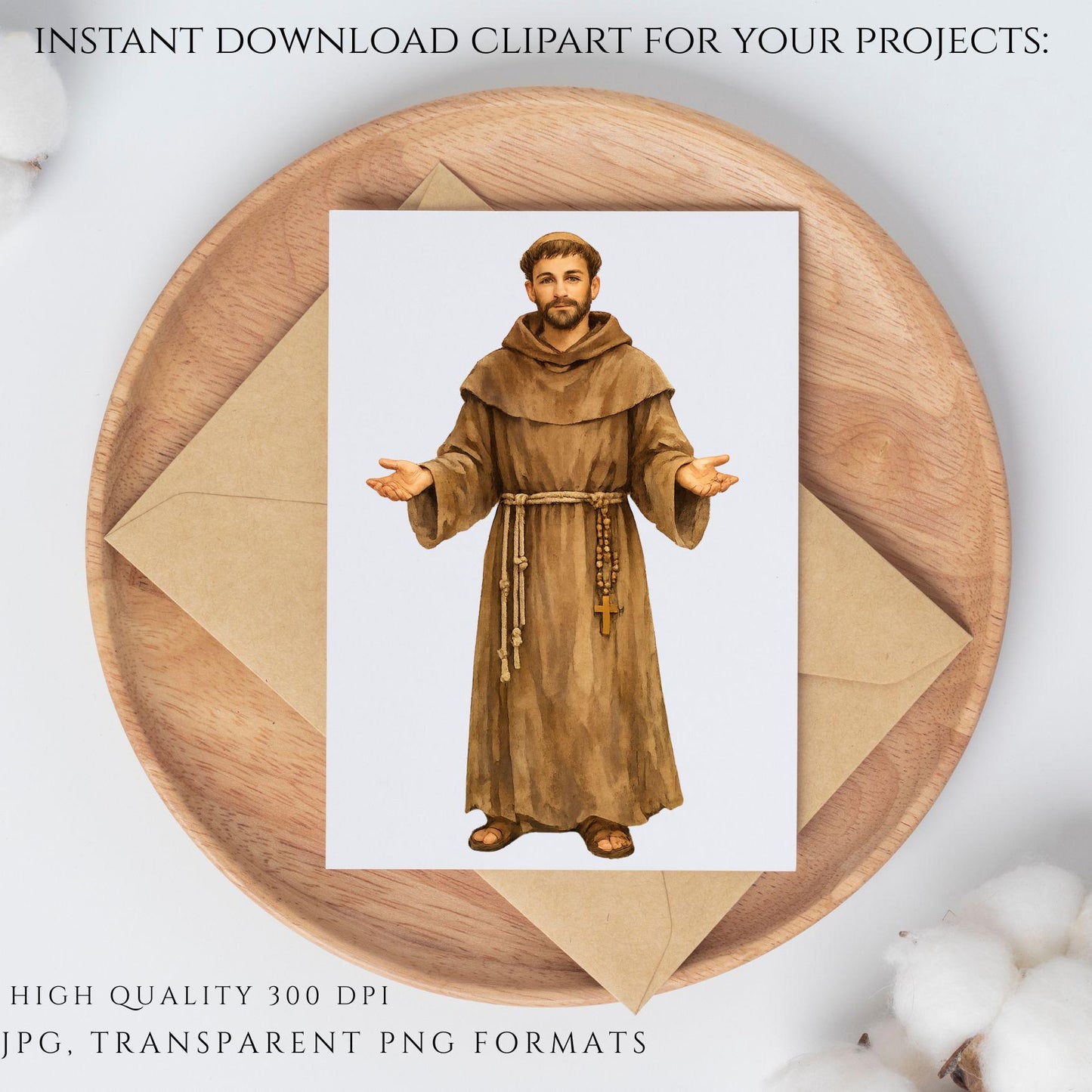 Watercolor St. Francis praying illustration, Catholic devotional clipart PNG / Ilustración en acuarela de San Francisco orando, clipart devocional católico PNG
