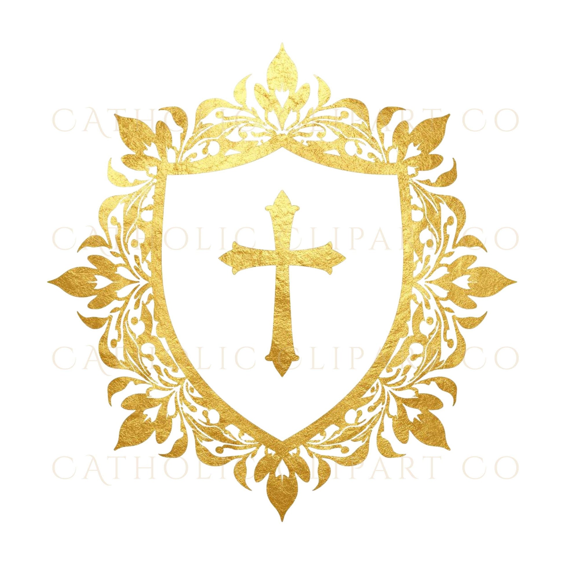 Catholic wedding crest clipart set, gold shields with cross designs — Set de escudos de boda católica en oro con cruces