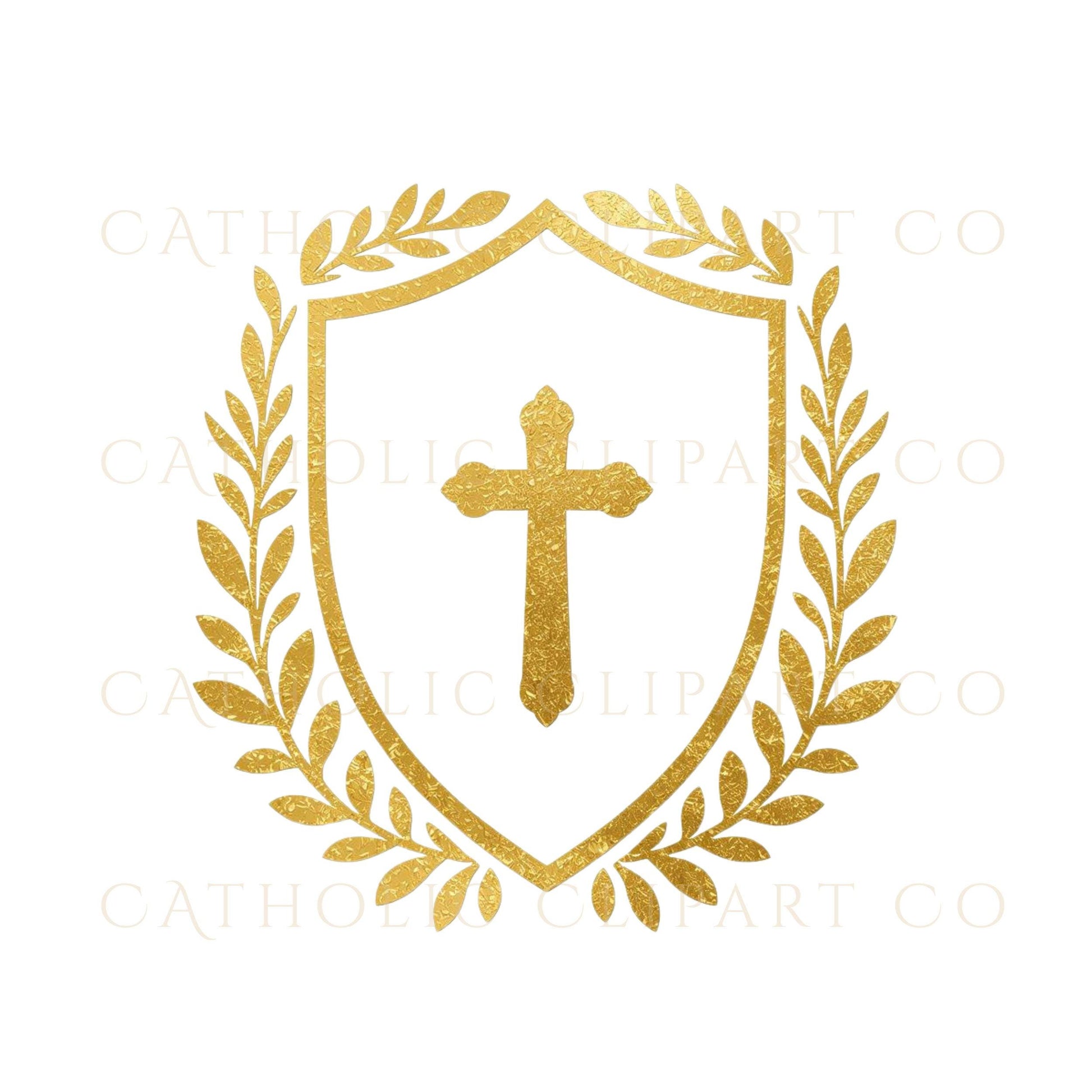 Gold wedding crest clipart with cross, elegant Catholic shield design — Escudo de boda en oro con cruz, diseño católico elegante