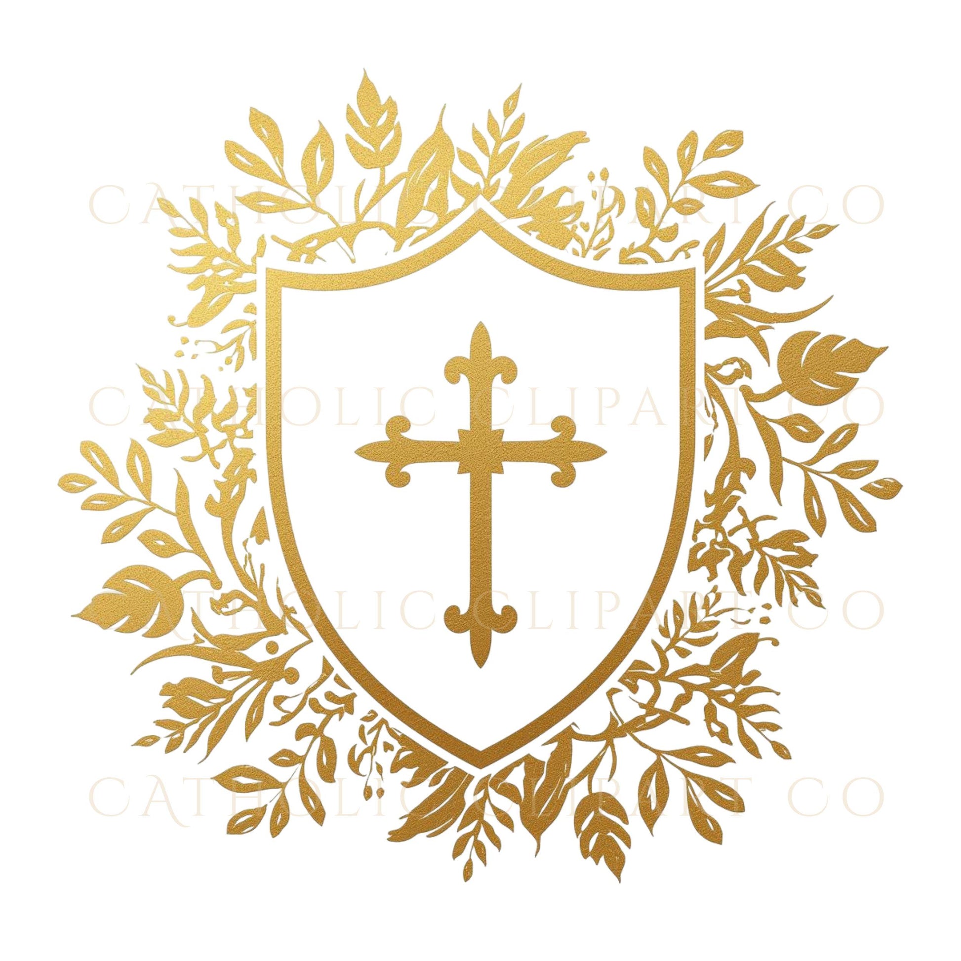 Catholic wedding crest PNG, gold heraldic shield with cross — Crest católico de boda en PNG, escudo heráldico dorado con cruz