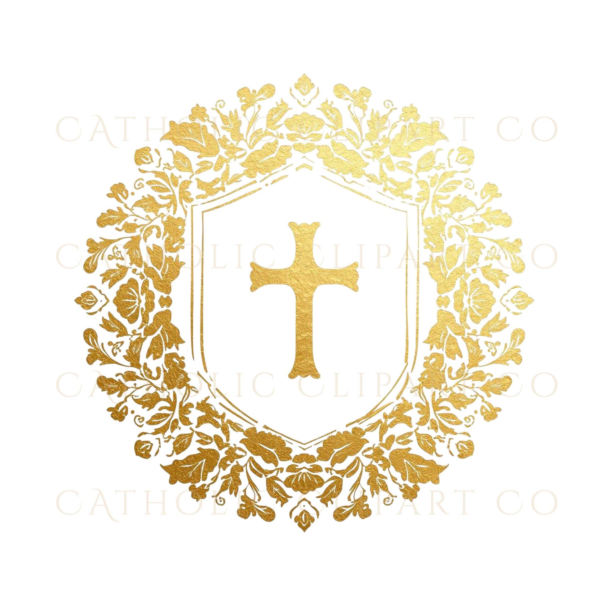 Gold Catholic wedding crest, heraldic shield with cross design — Escudo heráldico católico de boda en oro con cruz