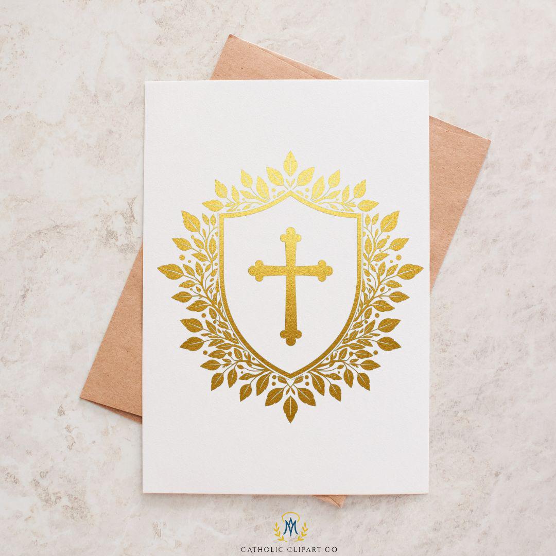 Wedding crest clipart with cross, gold heraldic shield for church wedding stationery — Escudo heráldico dorado con cruz para papelería de boda católica