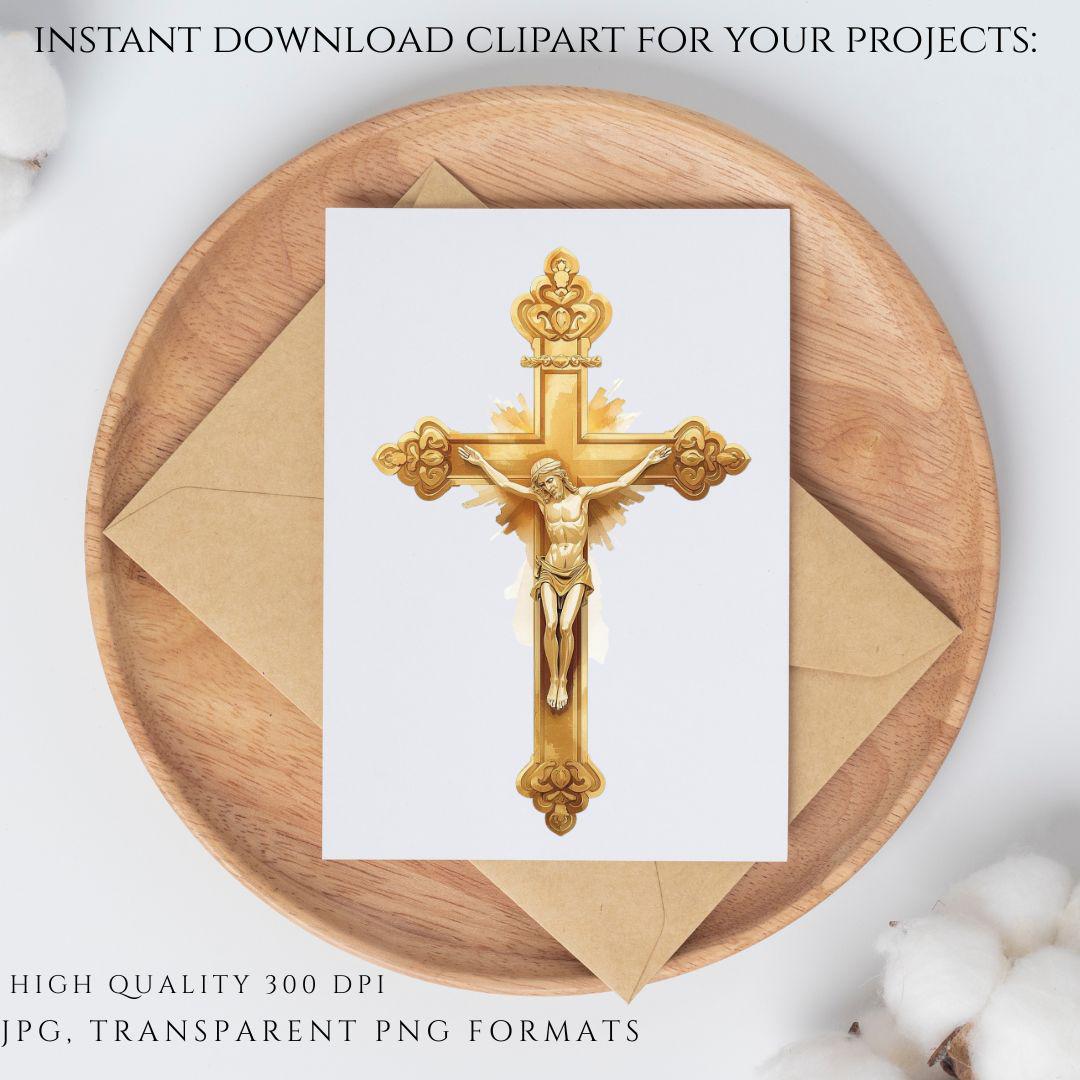 Religious gold crucifix PNG featuring Jesus on the cross, high resolution | Crucifijo dorado religioso PNG con Jesús en la cruz en alta resolución