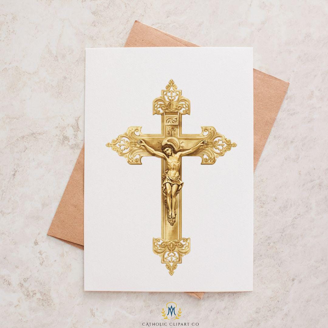 Ornate gold crucifix clipart with Jesus on cross for Catholic designs | Clipart de crucifijo dorado ornamentado con Jesús en la cruz para diseños católicos