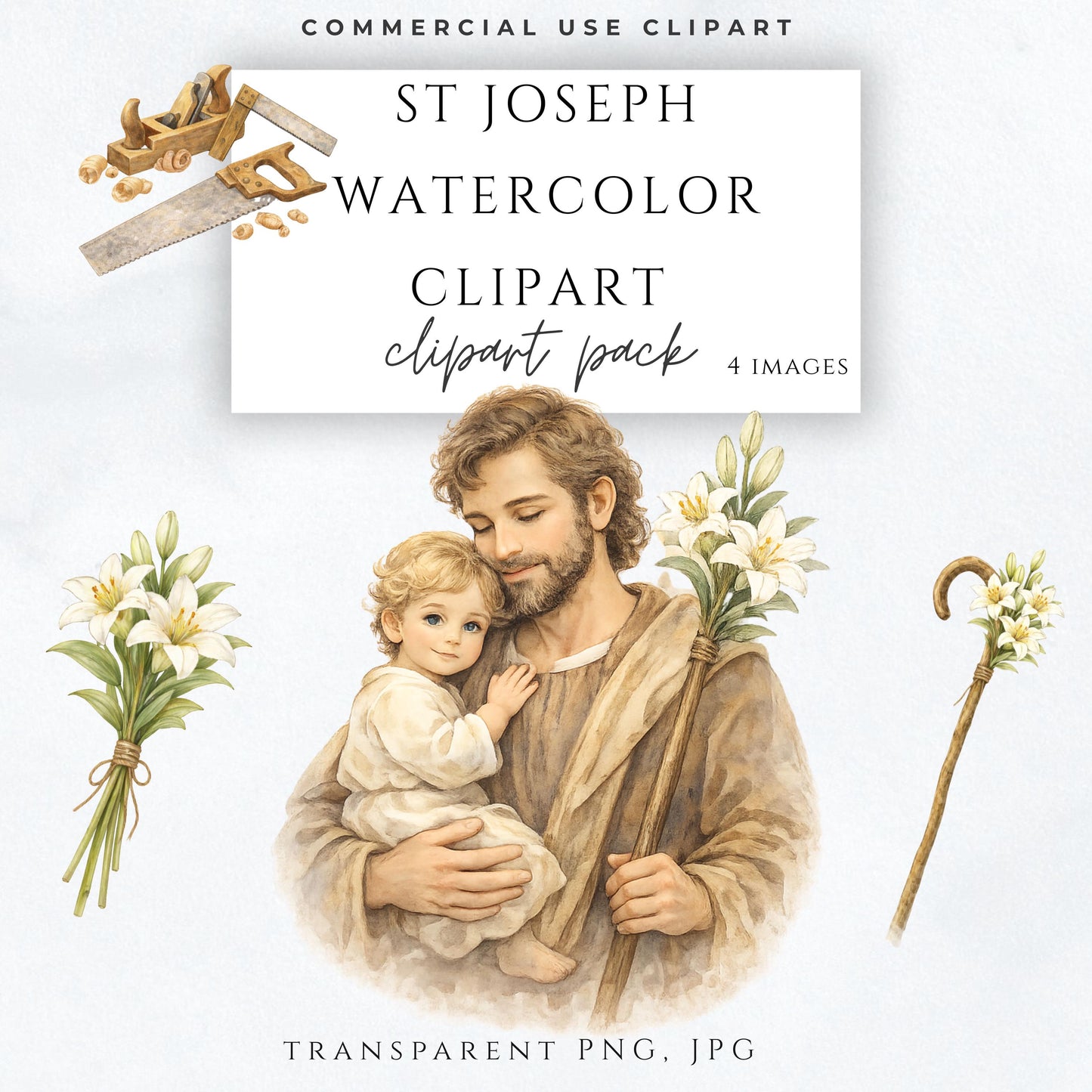 Saint Joseph watercolor clipart holding Child Jesus – Clipart acuarela de San José con el Niño Jesús