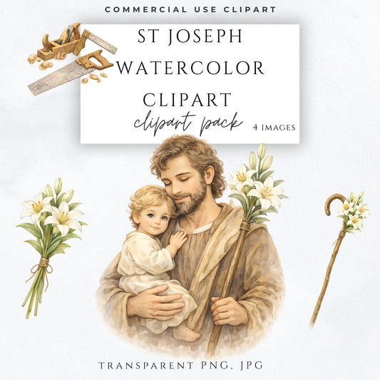 Saint Joseph watercolor clipart holding Child Jesus – Clipart acuarela de San José con el Niño Jesús