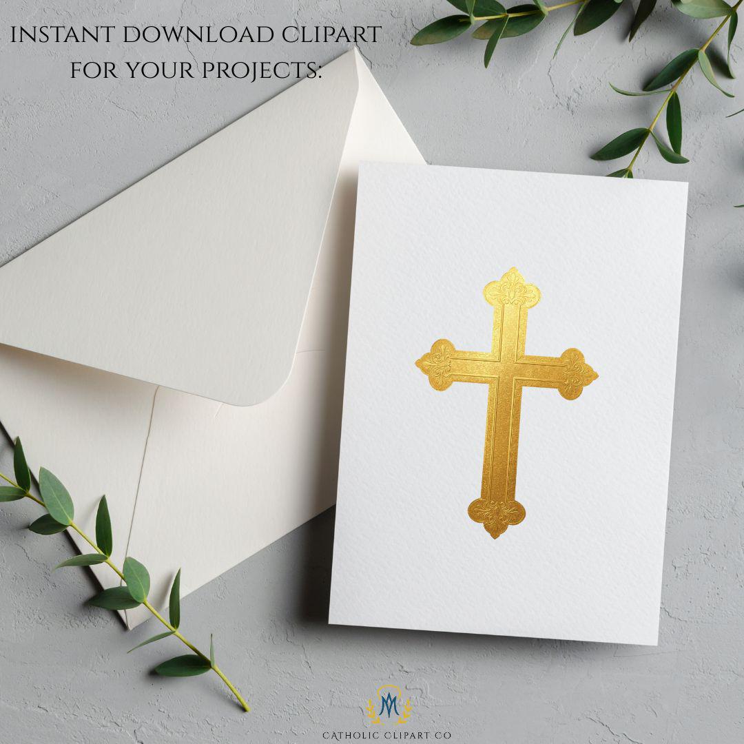 Gold Latin cross religious clipart on transparent background | Cruz latina dorada religiosa en PNG con fondo transparente