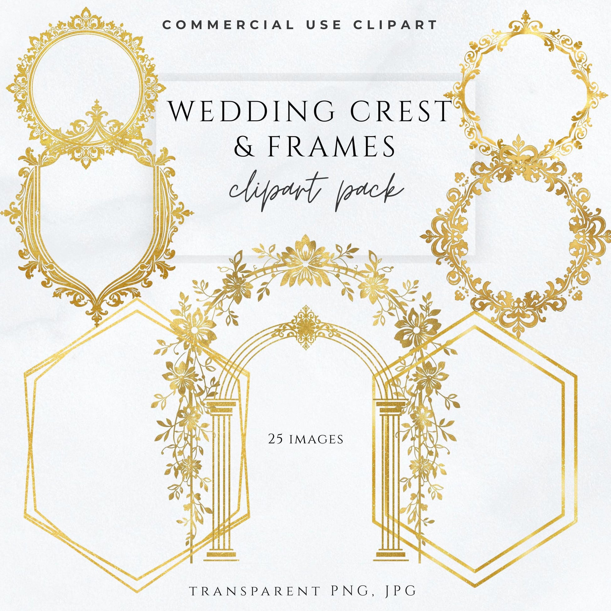 Gold floral wedding arch invitation mockup with elegant serif typography on neutral paper background / Invitación de boda con arco floral dorado y tipografía elegante sobre fondo neutro