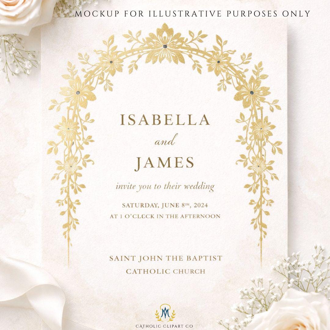 Ornate gold wedding arch frame used on luxury invitation design with classic layout / Marco de arco de boda dorado ornamentado aplicado a invitación de estilo clásico