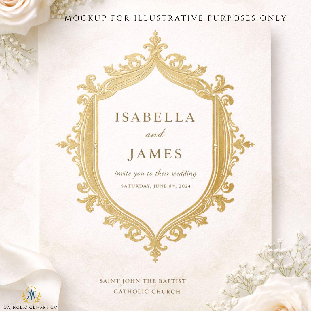 Elegant wedding invitation featuring gold floral arch clipart on textured ivory cardstock / Invitación de boda elegante con arco floral dorado sobre cartulina marfil texturizada