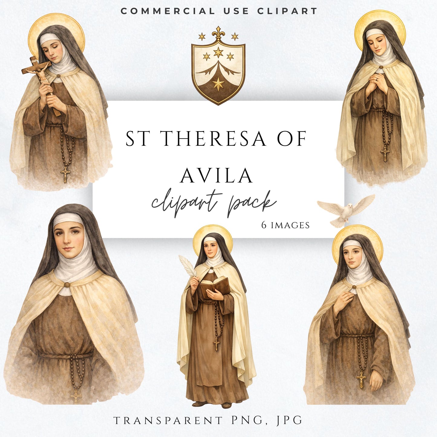 Saint Teresa of Avila clipart PNG in Carmelite habit with rosary / Clipart PNG de Santa Teresa de Ávila con hábito carmelita y rosario