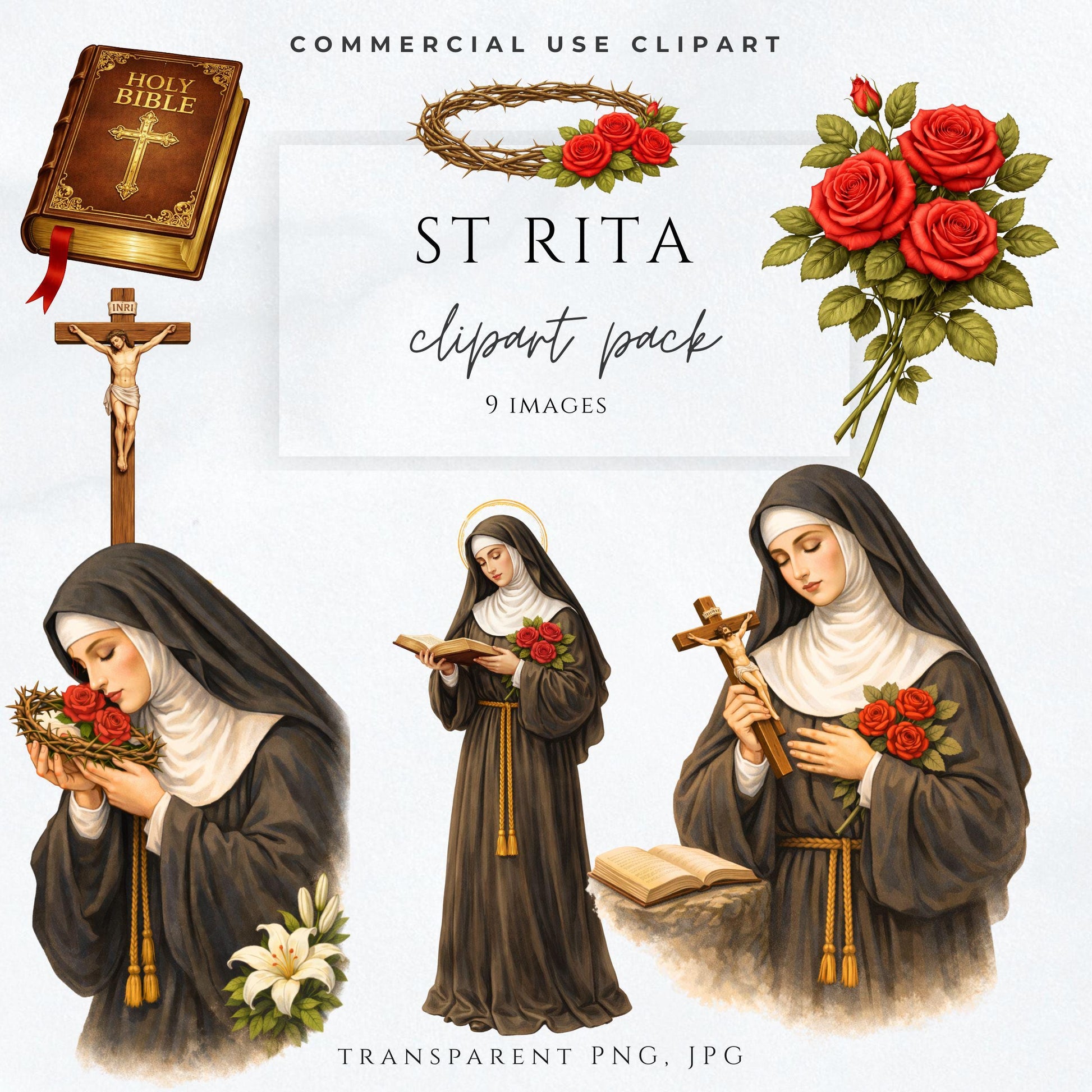 Saint Rita of Cascia Catholic clipart holding roses on white background – Clipart católico de Santa Rita de Casia con rosas sobre fondo blanco
