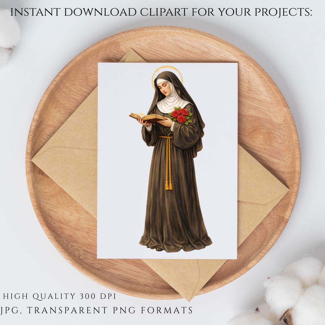 Catholic Saint Rita clipart with Bible and classic religious design – Clipart católico de Santa Rita con Biblia y diseño religioso clásico