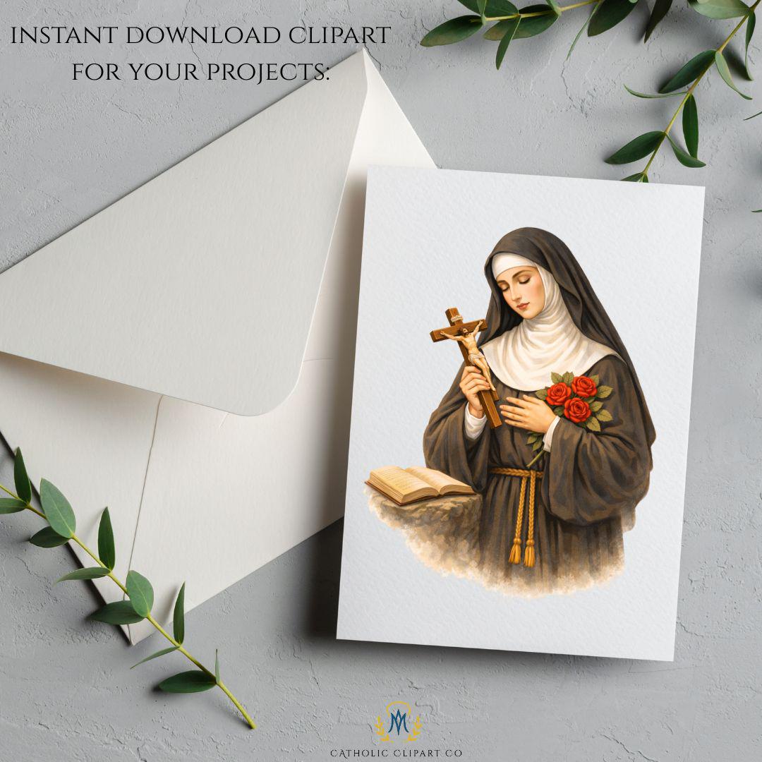 Saint Rita PNG illustration with crucifix and gentle devotional style – Ilustración PNG de Santa Rita con crucifijo en estilo devocional suave