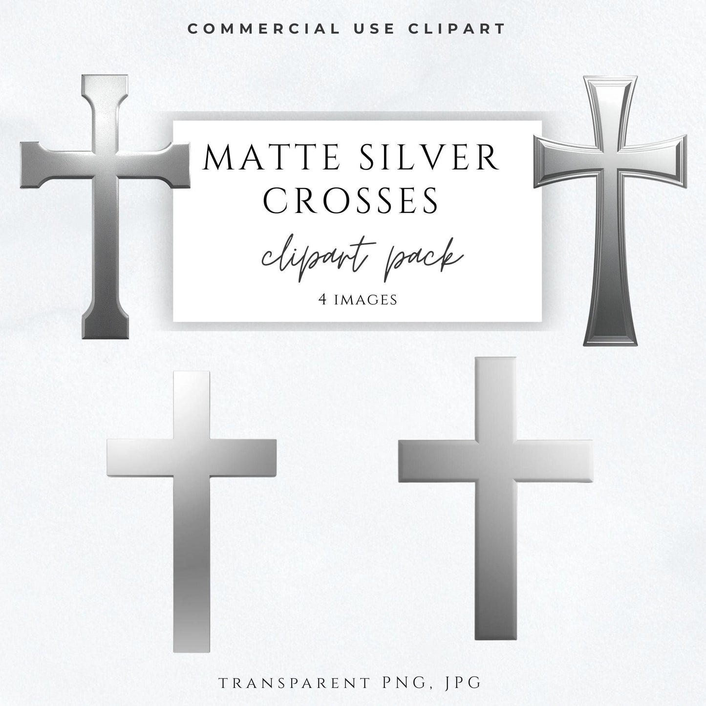Matte silver cross clipart with smooth metallic finish on transparent background / Clipart de cruz plateada mate con acabado metálico suave y fondo transparente