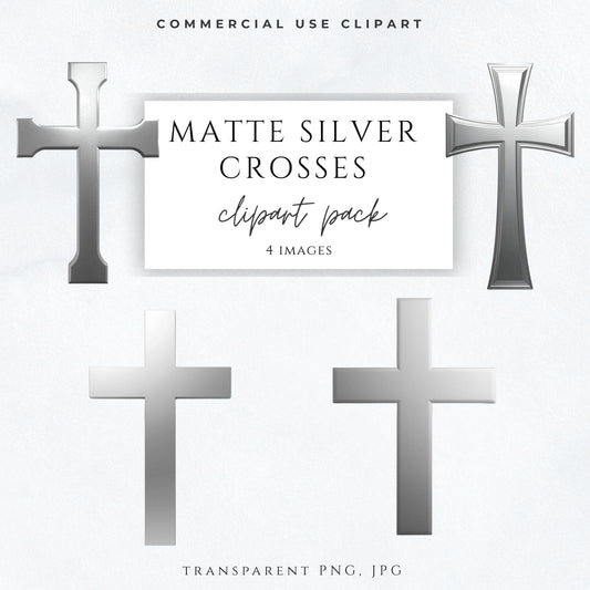 Matte silver cross clipart with smooth metallic finish on transparent background / Clipart de cruz plateada mate con acabado metálico suave y fondo transparente