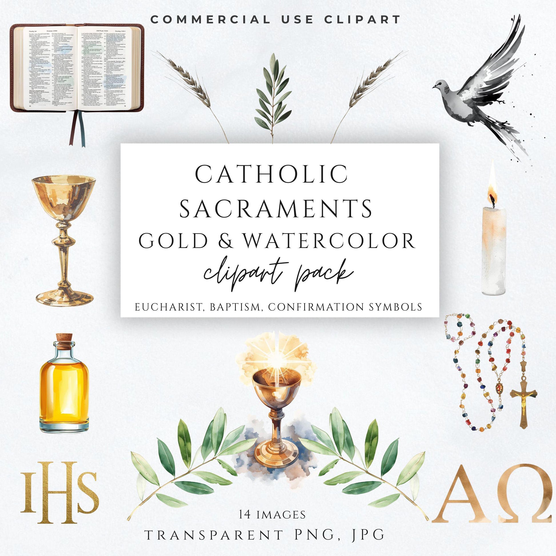 Catholic sacraments gold watercolor clipart set with Eucharist chalice, Baptism oil, and Confirmation symbols | Clipart de sacramentos católicos en acuarela dorada con cáliz, óleo bautismal y símbolos de confirmación