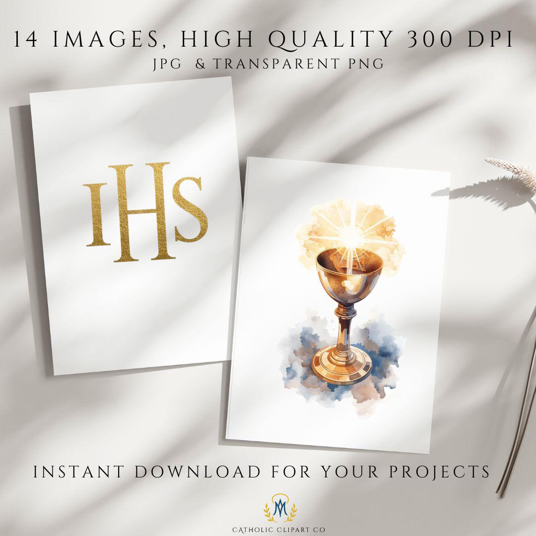 Catholic Sacraments Clipart PNG | Eucharist Baptism Confirmation Gold Watercolor | Christian Commercial Use