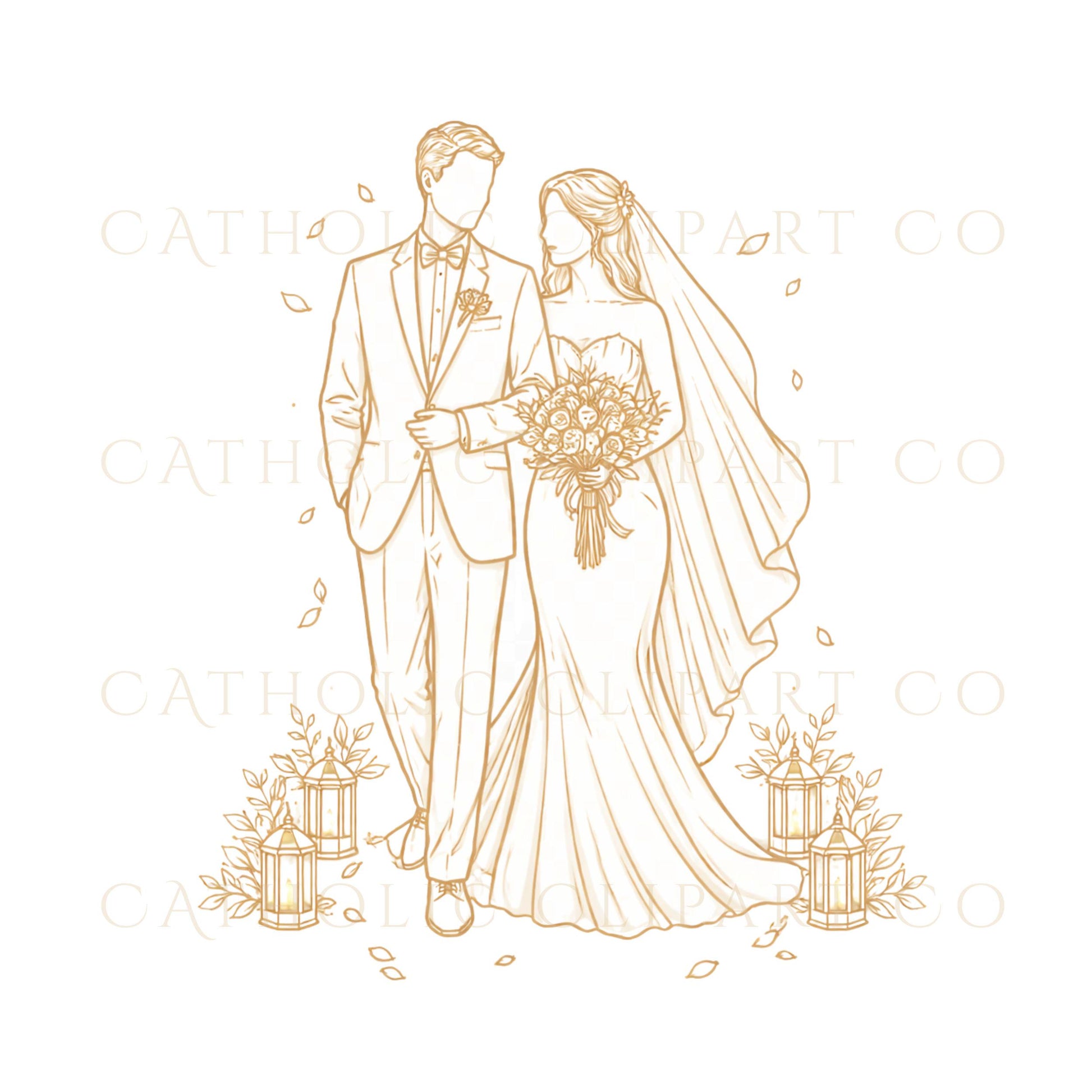 Christian wedding ceremony clipart with gold line art elements / Clipart de ceremonia de boda cristiana con elementos de línea dorada