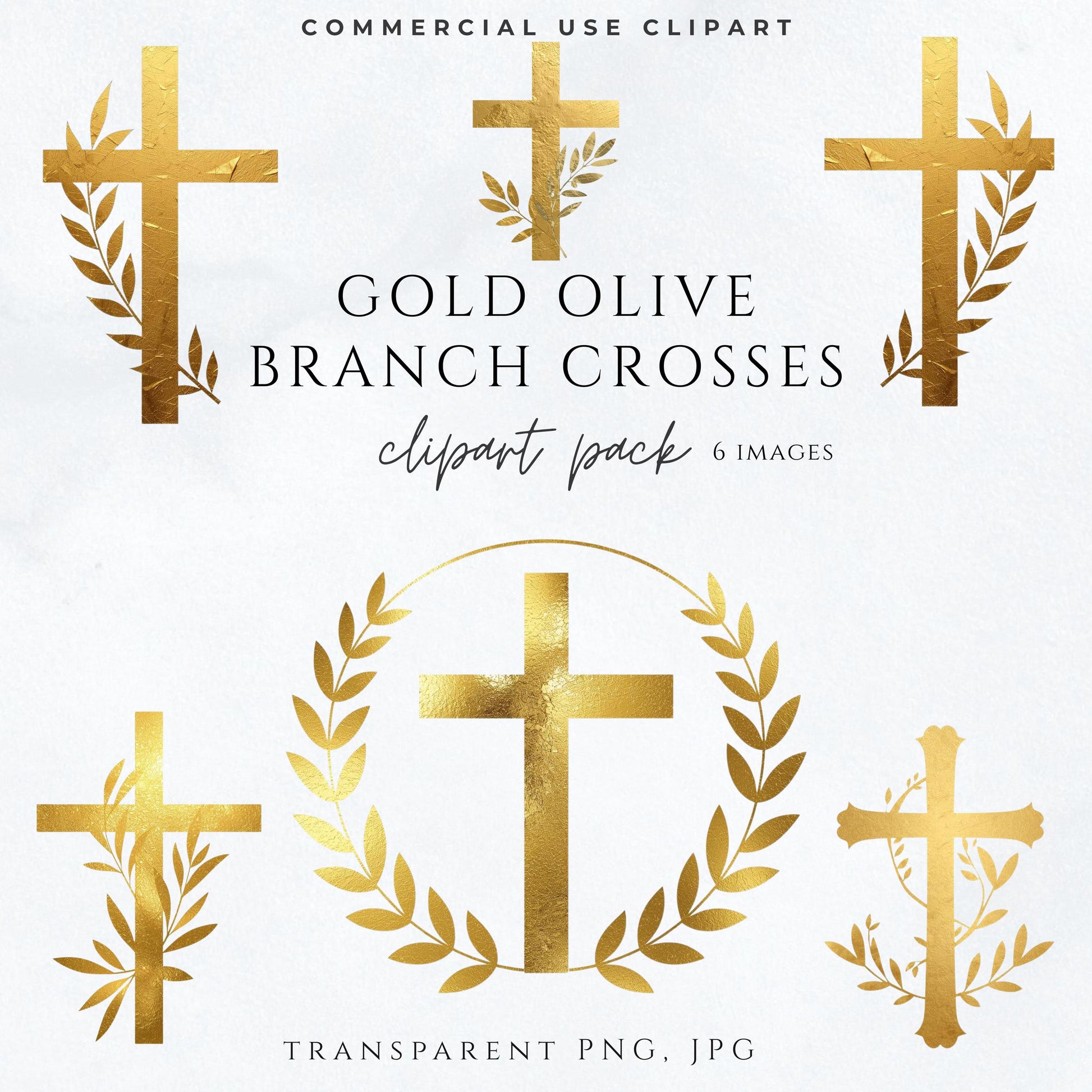 Gold olive branch cross clipart PNG on transparent background / Clipart de cruz dorada con ramas de olivo en fondo transparente