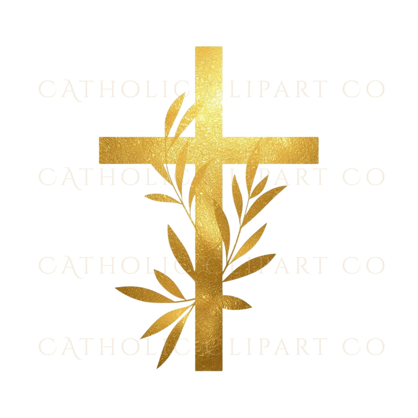 Minimal gold cross design clipart with symbolic olive branches / Diseño minimalista de cruz dorada con ramas de olivo simbólicas
