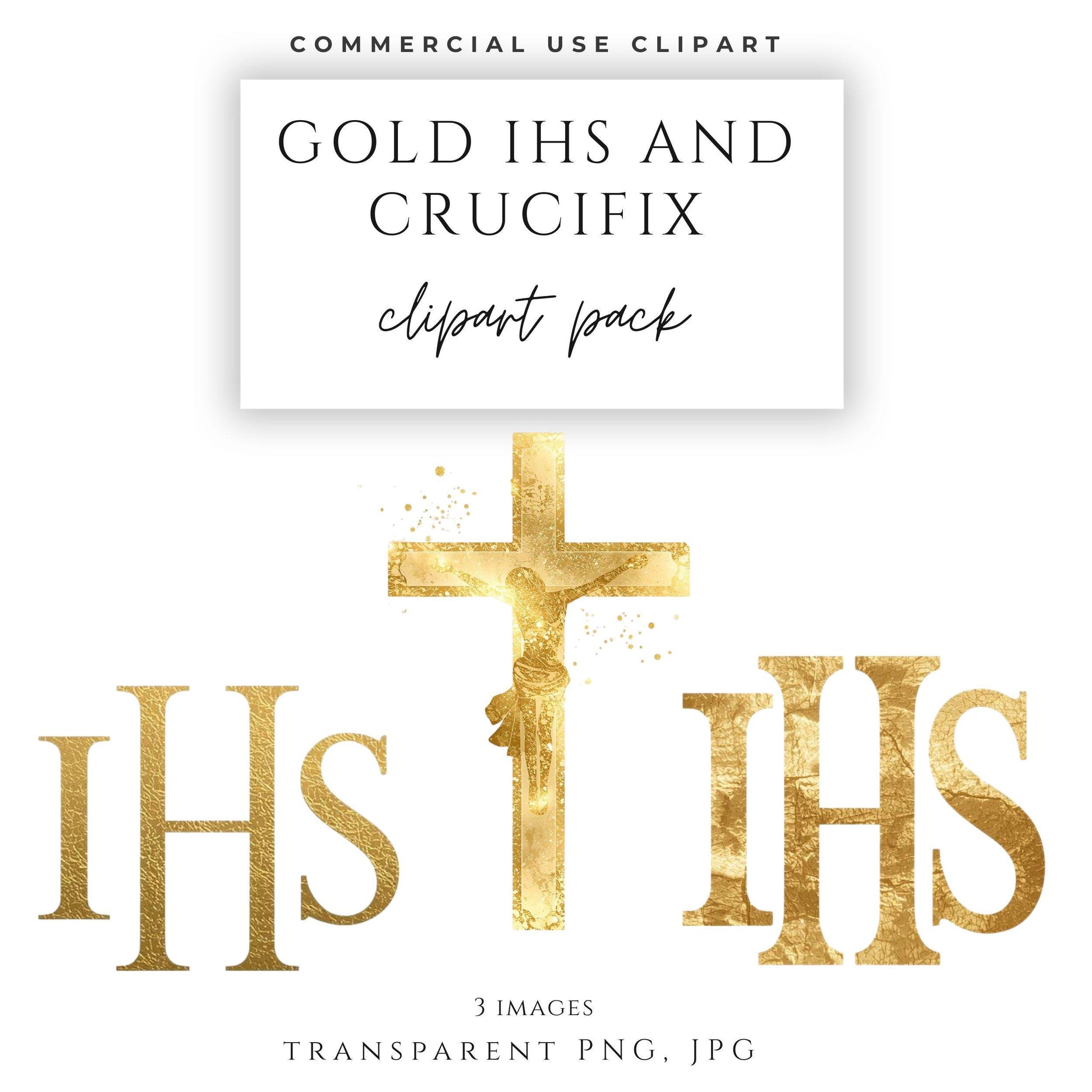 Gold IHS and crucifix clipart PNG with Eucharistic Catholic symbols | Clipart PNG de IHS y crucifijo dorado con símbolos eucarísticos católicos