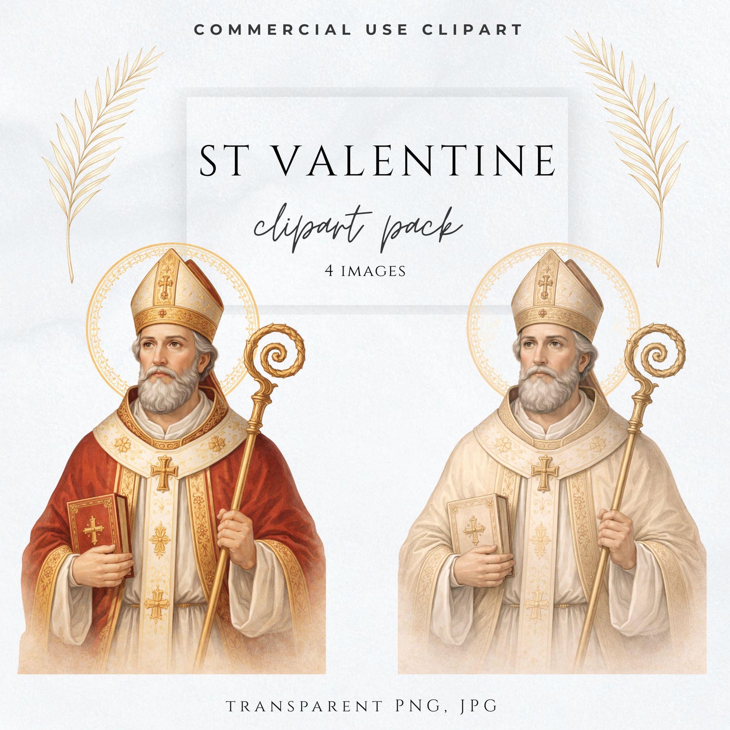 Saint Valentine illustrated portrait as a Catholic bishop in neutral tones, patron of marriage clipart / Ilustración de San Valentín como obispo católico en tonos neutros, patrono del matrimonio