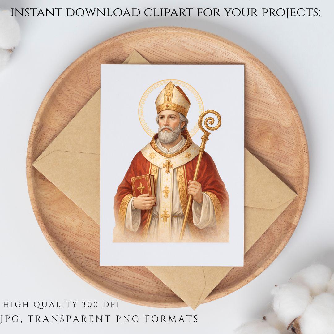 Saint Valentine neutral illustrated bishop portrait for sacramental and church designs / Retrato ilustrado neutral de San Valentín como obispo para diseños sacramentales y parroquiales
