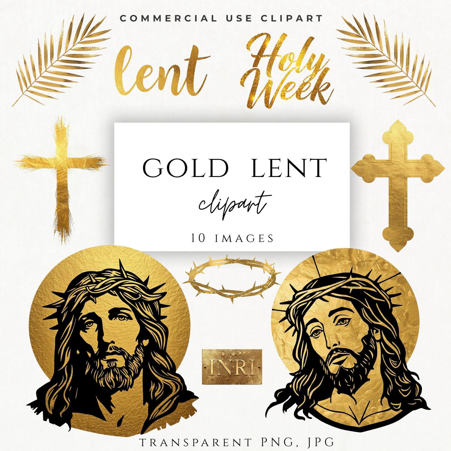 Gold Lent clipart bundle with Jesus Christ, crown of thorns and cross PNG – Clipart dorado de Cuaresma con Jesús, corona de espinas y cruz