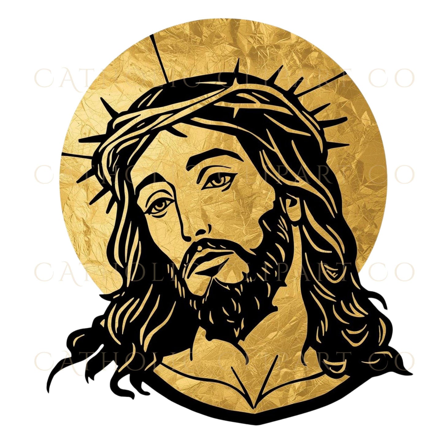 Catholic Holy Week graphics set with gold Jesus portraits – Set católico de Semana Santa con retratos dorados de Jesús