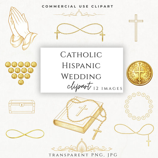Catholic Hispanic wedding clipart gold lazo and arras ceremony symbols – clipart boda católica hispana lazo y arras dorado