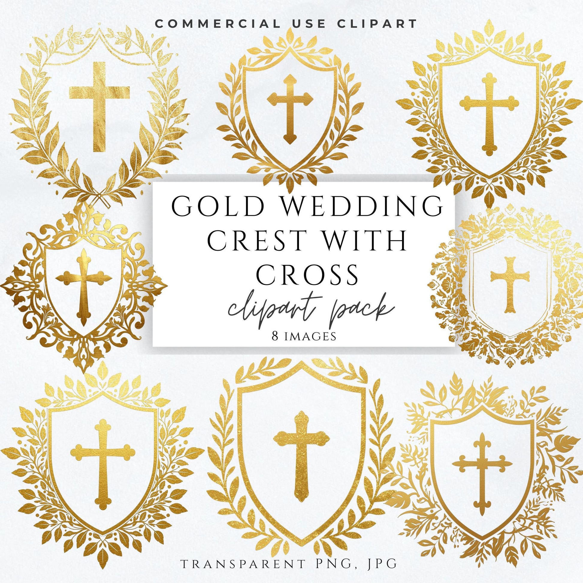 Gold wedding crest clipart with cross, Catholic heraldic shield in gold foil style — Escudo de boda en oro con cruz, diseño heráldico católico