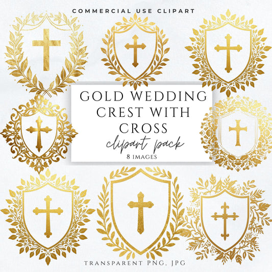 Gold wedding crest clipart with cross, Catholic heraldic shield in gold foil style — Escudo de boda en oro con cruz, diseño heráldico católico