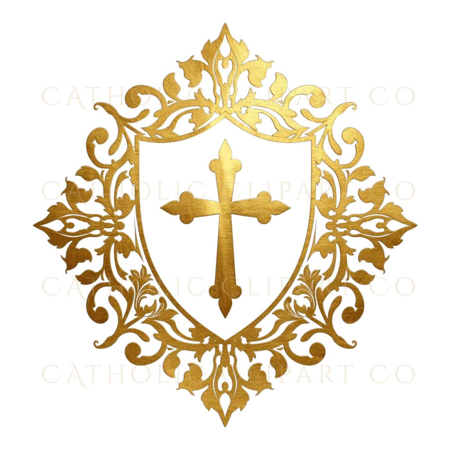 Wedding shield crest with cross, Catholic gold wedding clipart — Escudo nupcial con cruz, clipart de boda católica en oro