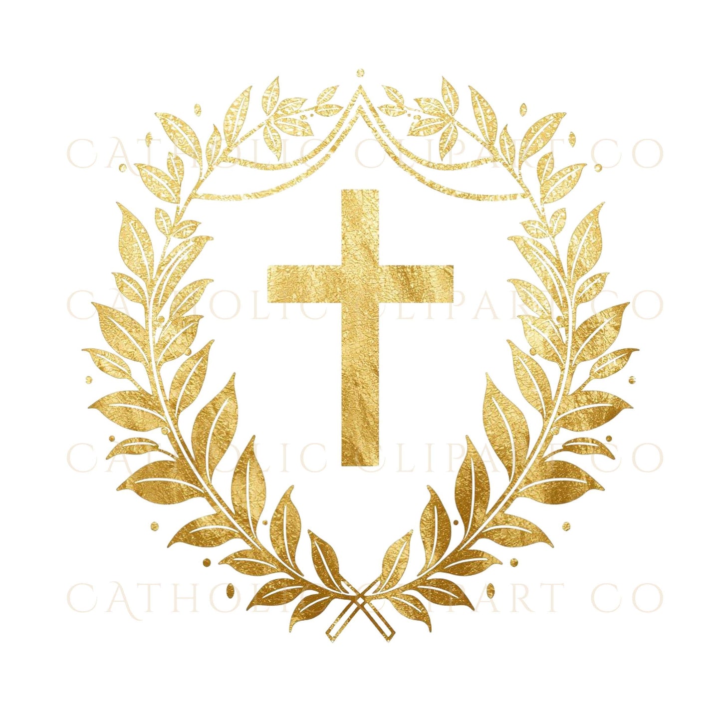 Catholic wedding monogram crest, gold foil shield with cross — Escudo de monograma de boda católica en oro con cruz