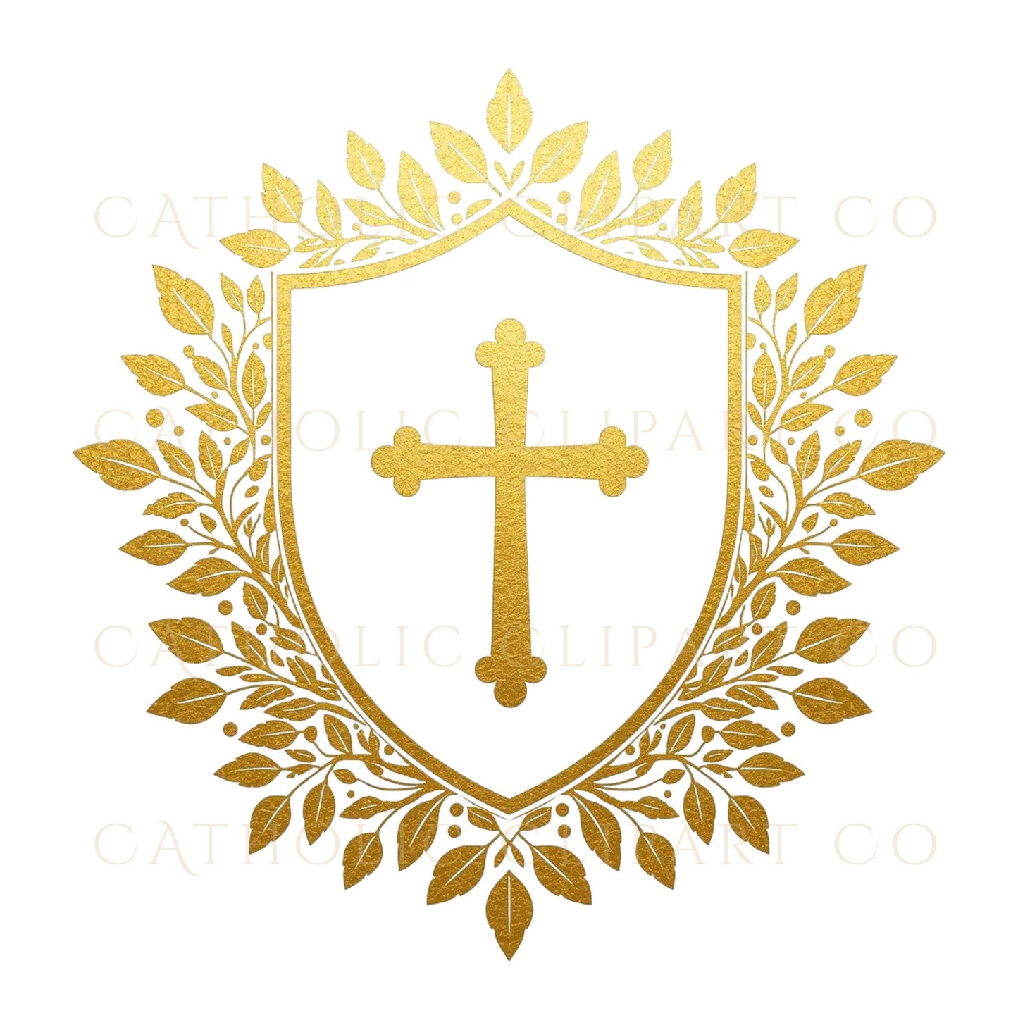Gold foil wedding crest clipart, religious heraldic emblem with cross — Crest nupcial en oro estilo lámina con cruz, emblema religioso