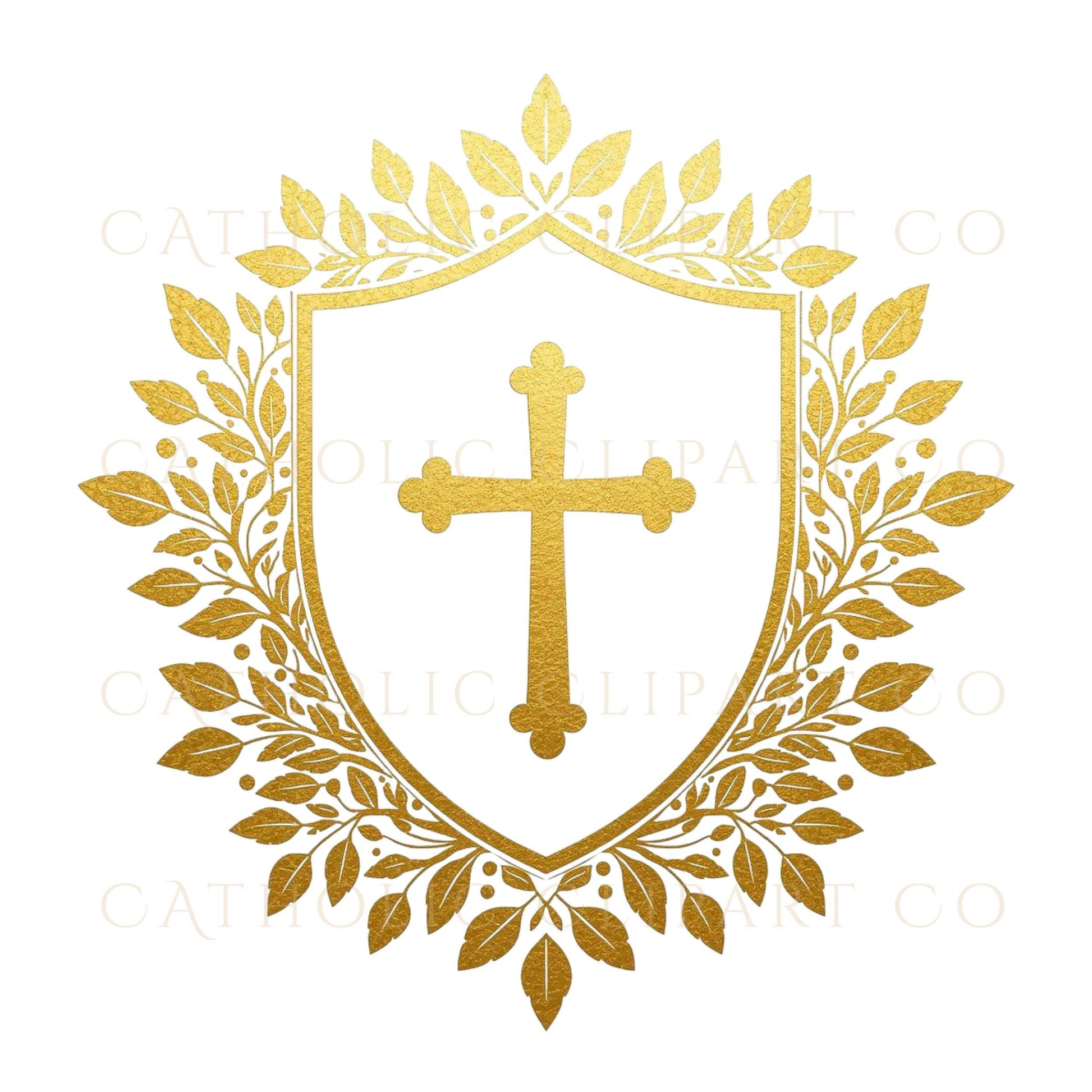 Gold foil wedding crest clipart, religious heraldic emblem with cross — Crest nupcial en oro estilo lámina con cruz, emblema religioso
