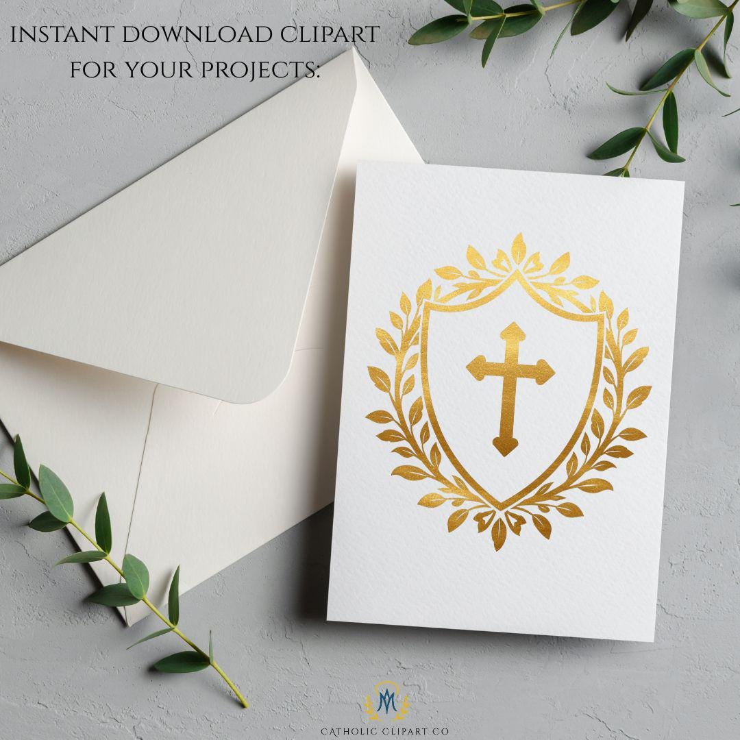 Gold wedding crest PNG with cross, classic Catholic wedding emblem — Crest de boda en oro con cruz, emblema clásico de boda católica