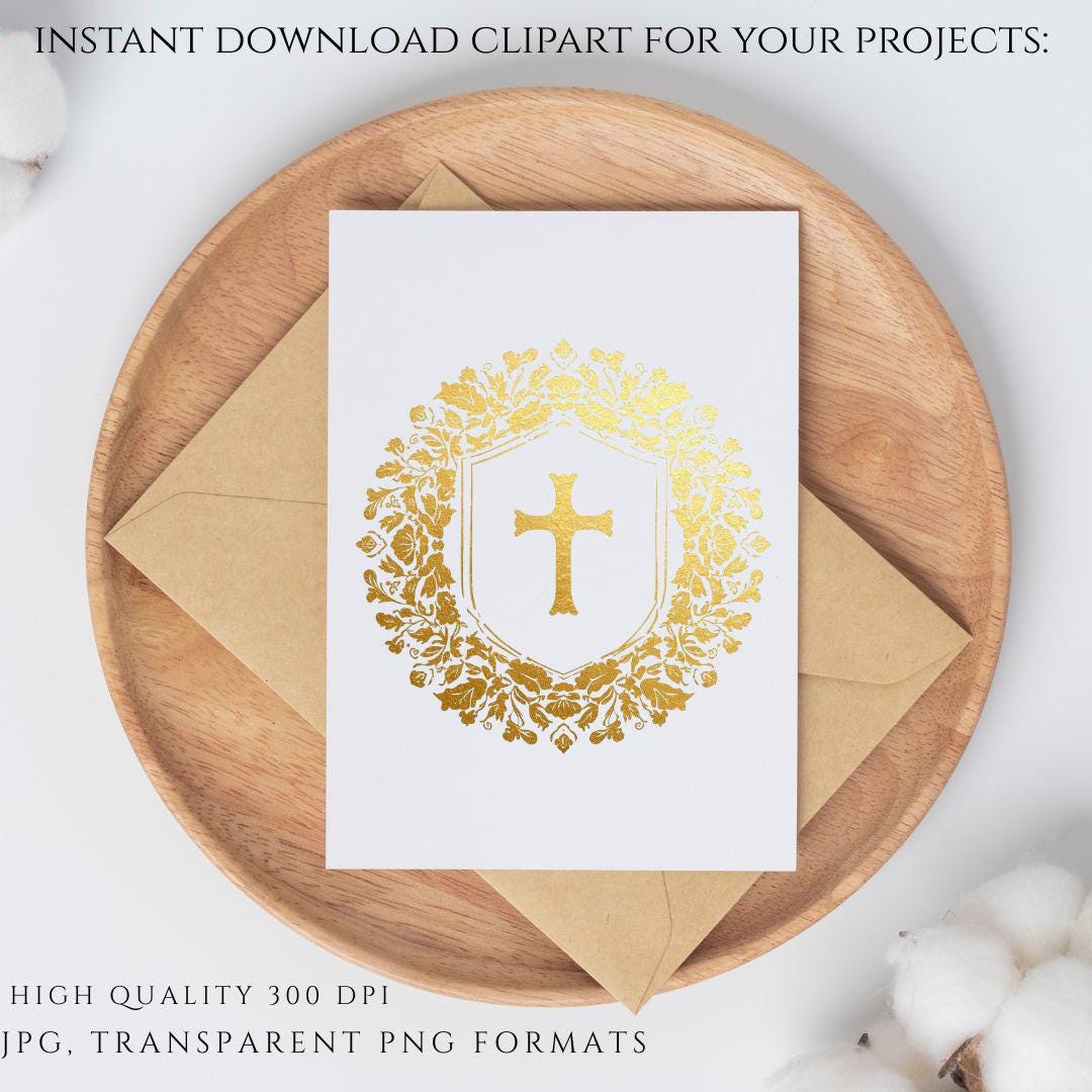 Gold Wedding Crest Clipart with Cross | Catholic Wedding Monogram Shields | Gold Foil Heraldic Crest PNG