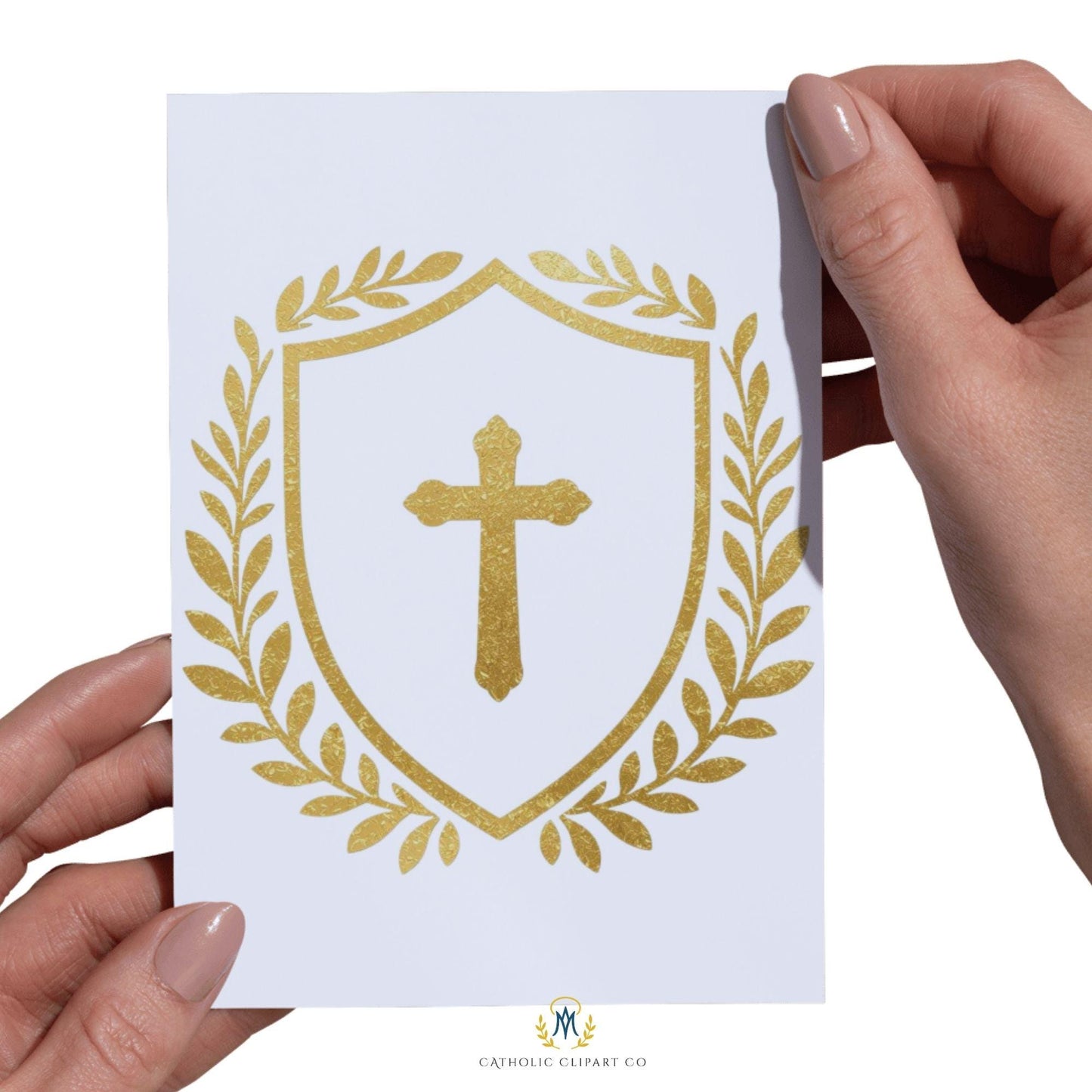 Catholic wedding crest clipart, gold foil shield with cross for religious wedding design — Escudo católico de boda en oro con cruz para diseño nupcial