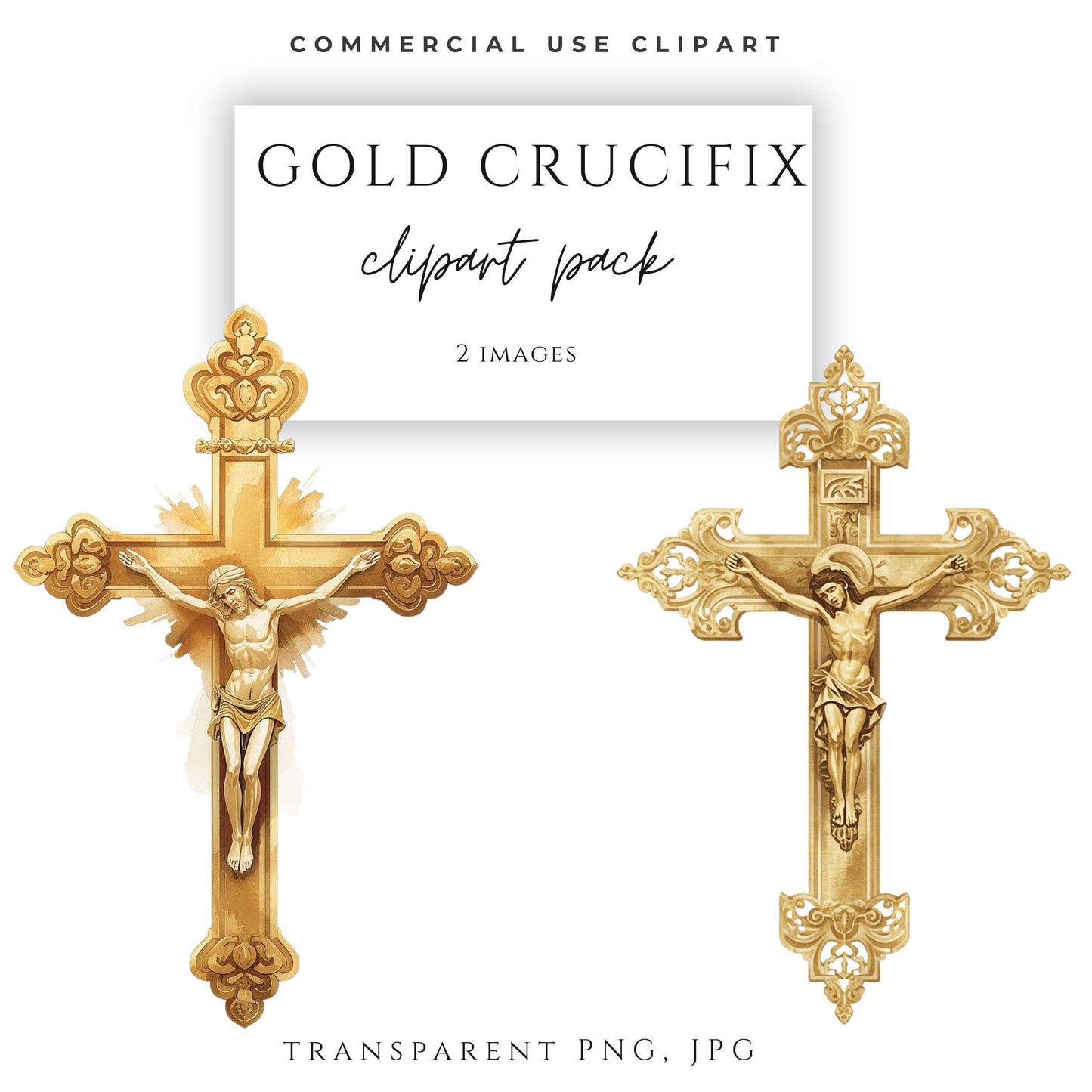 Gold crucifix clipart showing Jesus on the cross with ornate Catholic detailing | Clipart de crucifijo dorado con Jesús en la cruz y detalles católicos ornamentados
