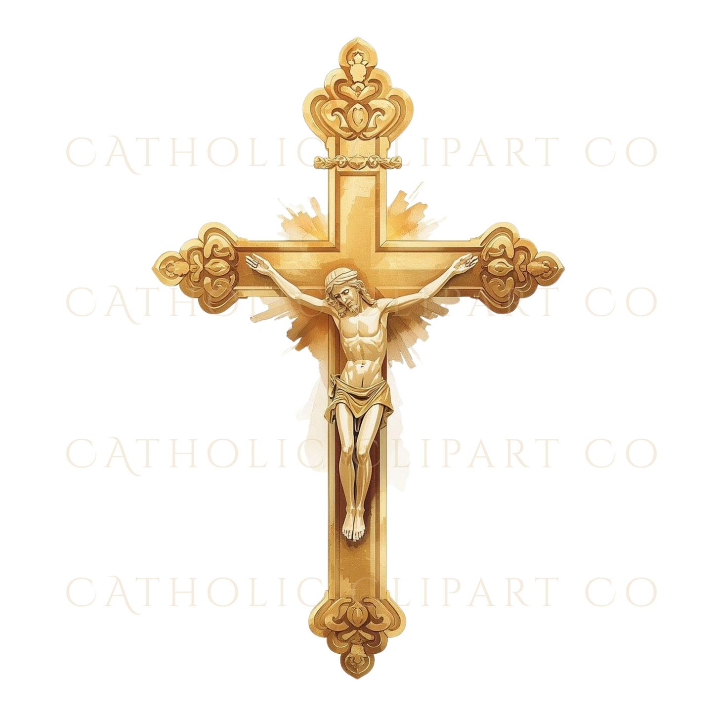 Gold crucifix religious artwork with Jesus on the cross, Catholic clipart | Arte religioso de crucifijo dorado con Jesús en la cruz, clipart católico