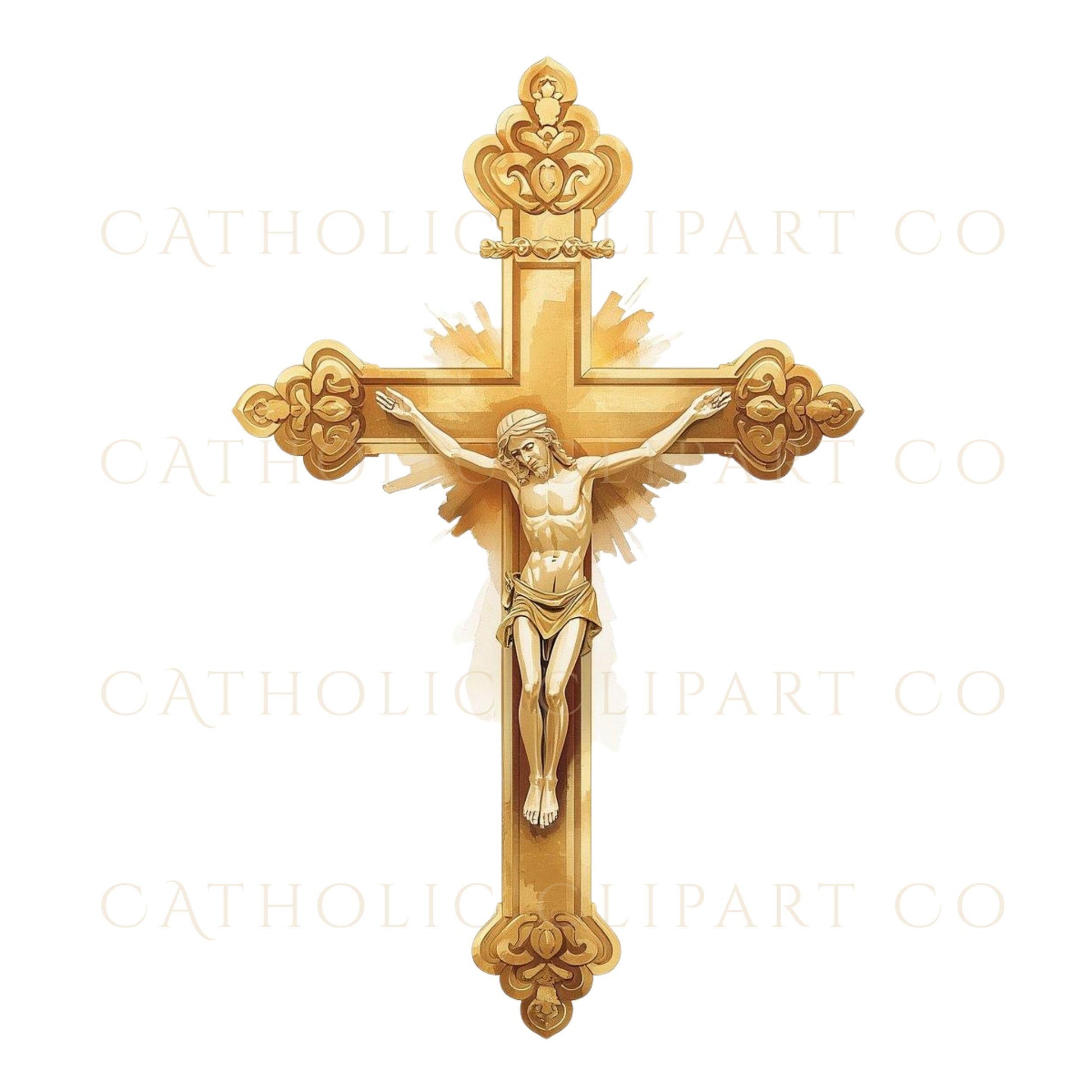 Gold crucifix religious artwork with Jesus on the cross, Catholic clipart | Arte religioso de crucifijo dorado con Jesús en la cruz, clipart católico