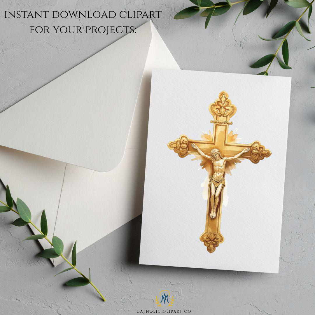 Catholic gold crucifix illustration of Jesus on the cross, religious clipart PNG | Ilustración católica de crucifijo dorado con Jesús en la cruz, clipart religioso PNG