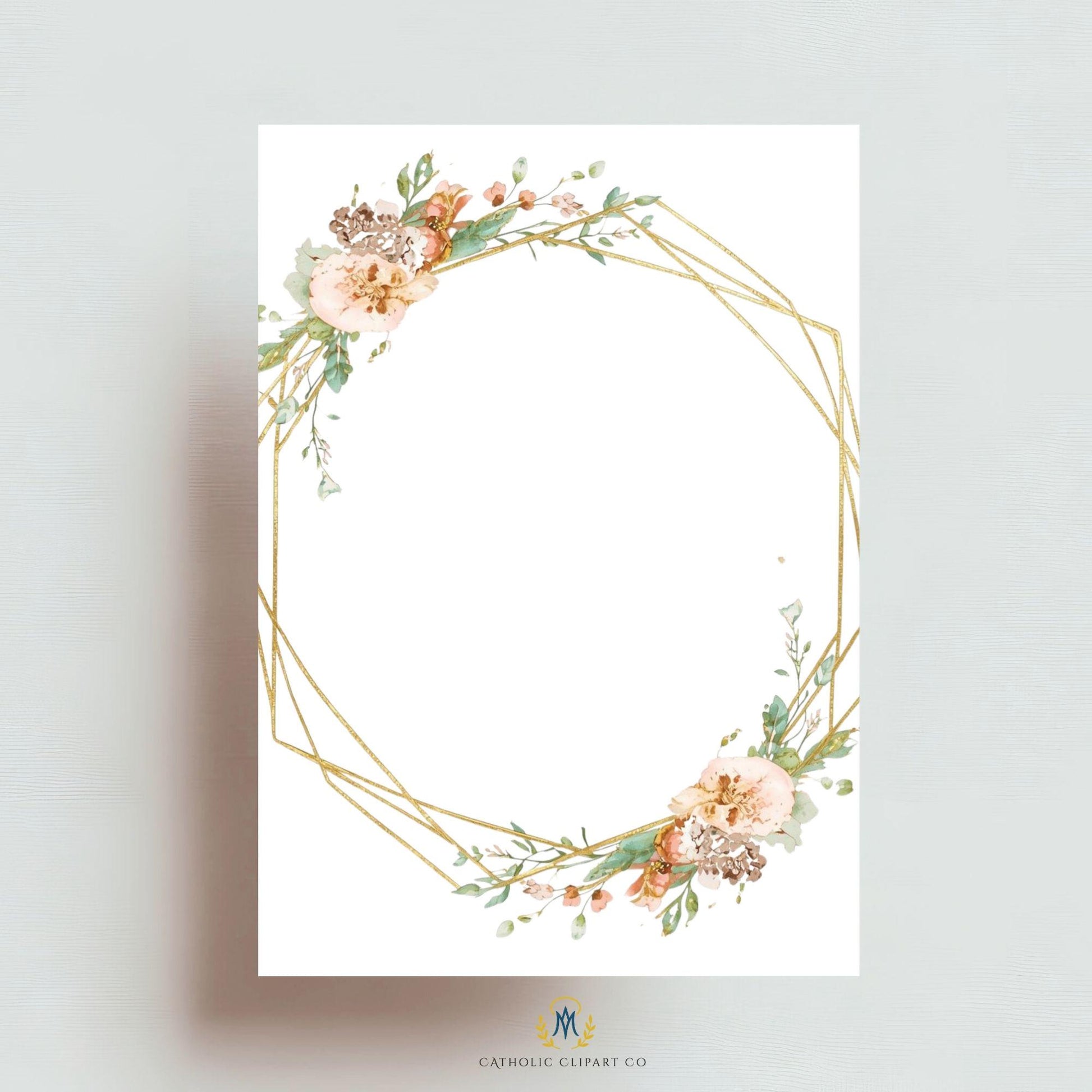 Catholic floral wreath frame with elegant gold geometric outline – Marco floral católico con diseño geométrico dorado